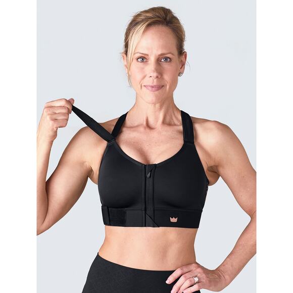 SHEFIT 1Luxe Flex Sports Bra Black Gold Medium Impact Front Zip - Picture 2 of 7
